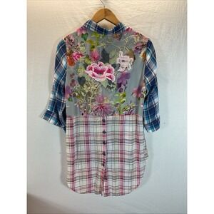 Soft‎ Surroundings sz M Blue Plaid Floral embroidered mixed print tunic 3/4 slv